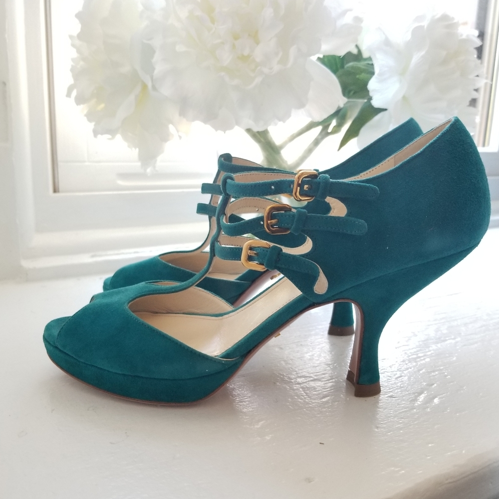 Prada Leather T-strap Open Toe Heels Teal - Picture 2 of 6